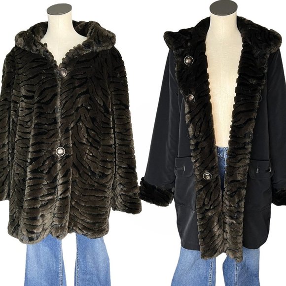 Vintage Jackets & Blazers - VINTAGE Y2K 90s Reversible Faux Fur Coat Black and Brown Size Large Nuage
